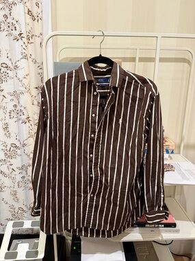 Ralph Lauren Brown and White Vertical Stripe Button-Down Shirt